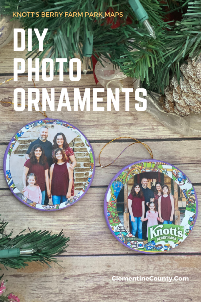 Save your theme park maps! They're perfect for homemade sourvinrs, like these DIY Photo Ornaments.